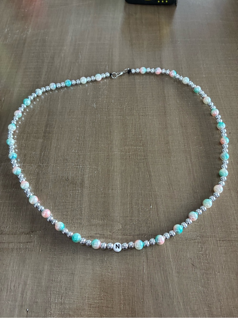 Personalized Pastel Beaded Initial Necklace - Pink & Mint